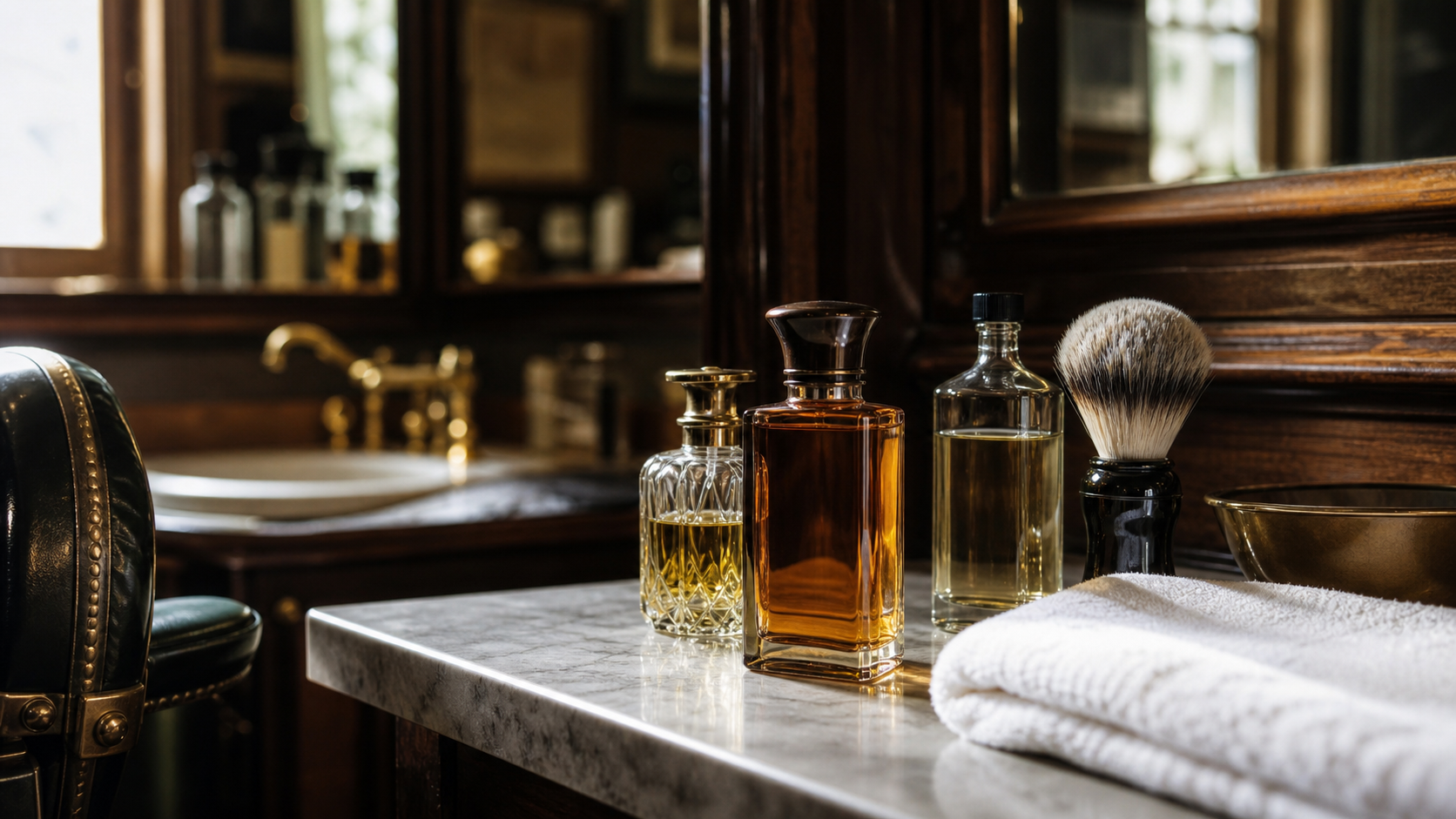 Klassiske herredufte på et mørkt barbershop-bord med barberkost og håndklæde