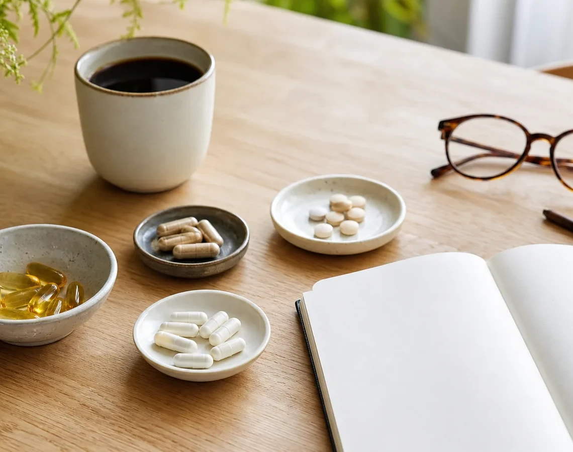 Kosttilskud sorteret i små skåle ved kaffe, briller og blank notesbog