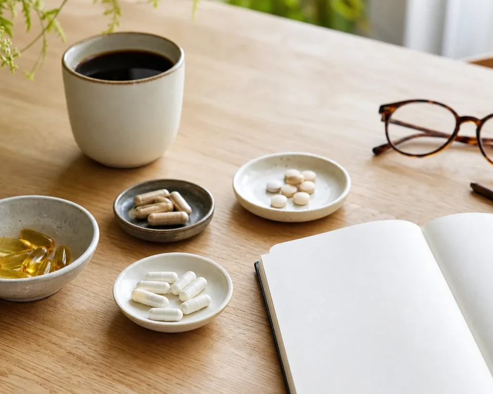 Kosttilskud sorteret i små skåle ved kaffe, briller og blank notesbog