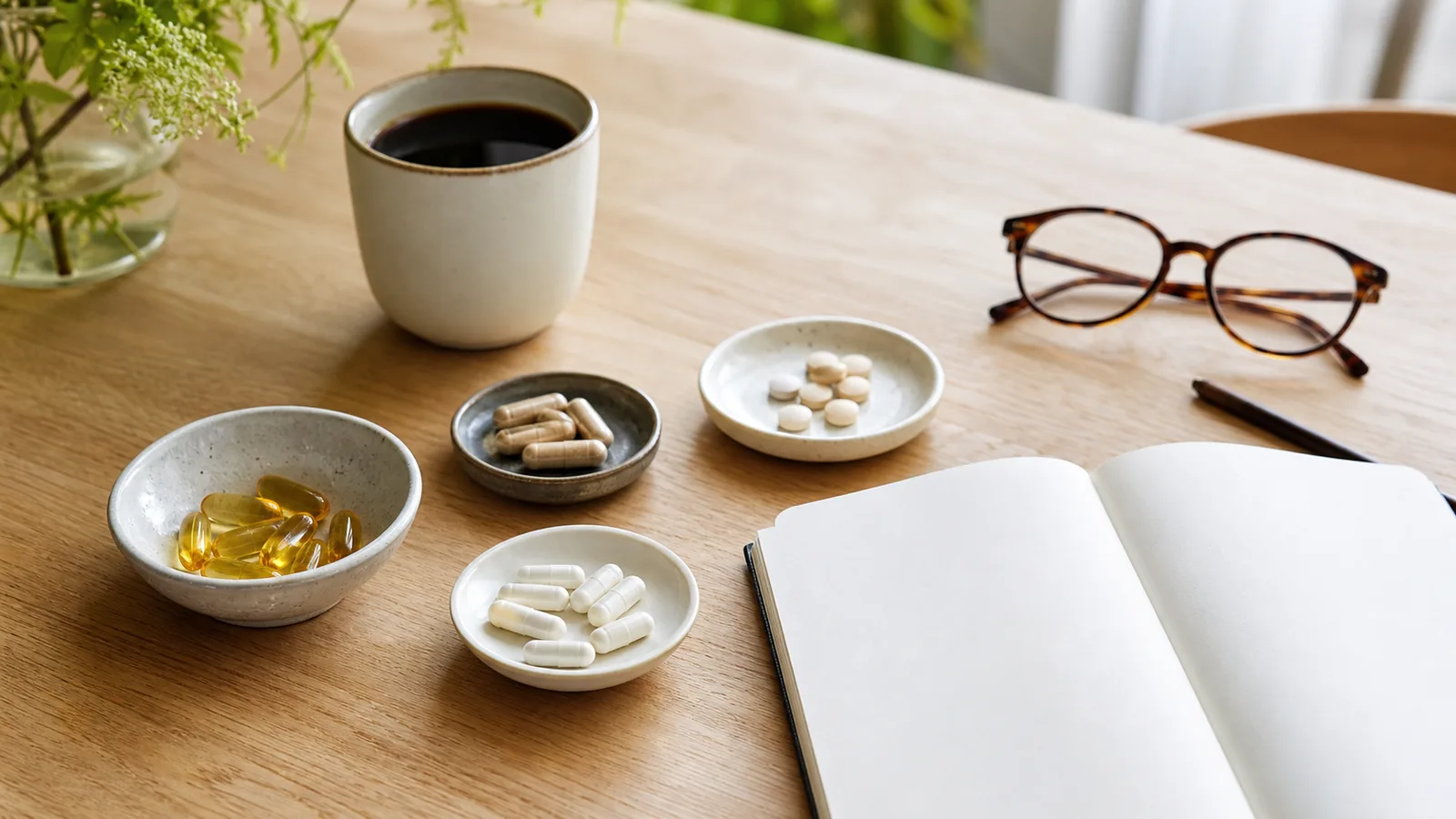 Kosttilskud sorteret i små skåle ved kaffe, briller og blank notesbog