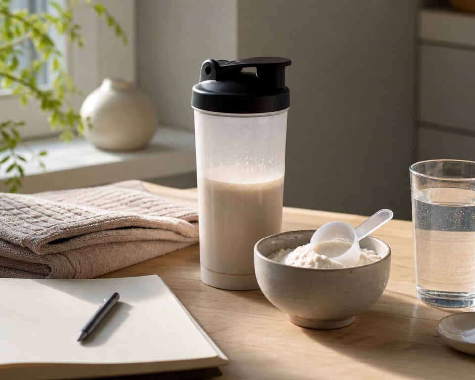 Ubrandet shaker, træningshåndklæde, supplementpulver, vand og blank notesbog på lyst bord