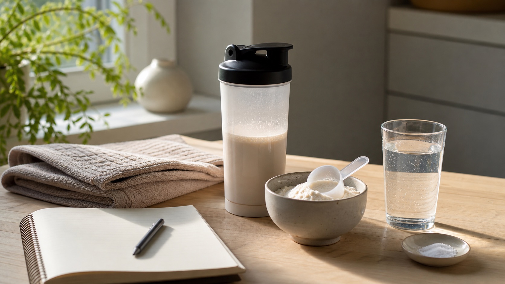Ubrandet shaker, træningshåndklæde, supplementpulver, vand og blank notesbog på lyst bord