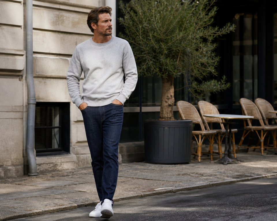 Mand i gråmeleret sweatshirt, mørke jeans og hvide sneakers foran en cafe