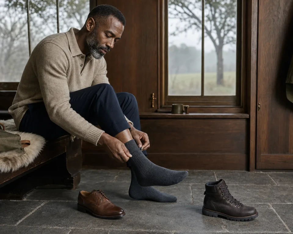 Mand tager mørke merinostrømper på i garderoben
