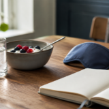 Morgenbord med vand, yoghurt, søvnmaske, notesbog og håndvægt som sundhedsfundament før NAD+-tilskud