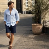 Mand i navy shorts, lyseblå skjorte og brune loafers i en sommerlig bygade