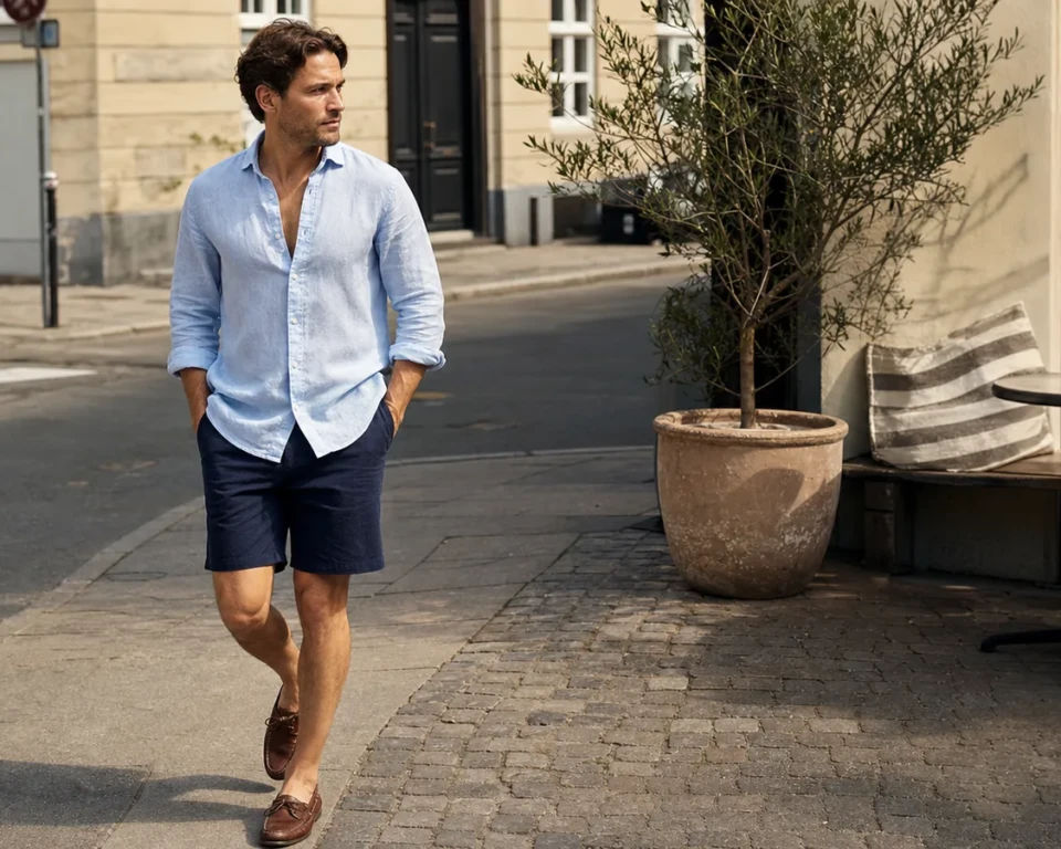 Mand i navy shorts, lyseblå skjorte og brune loafers i en sommerlig bygade