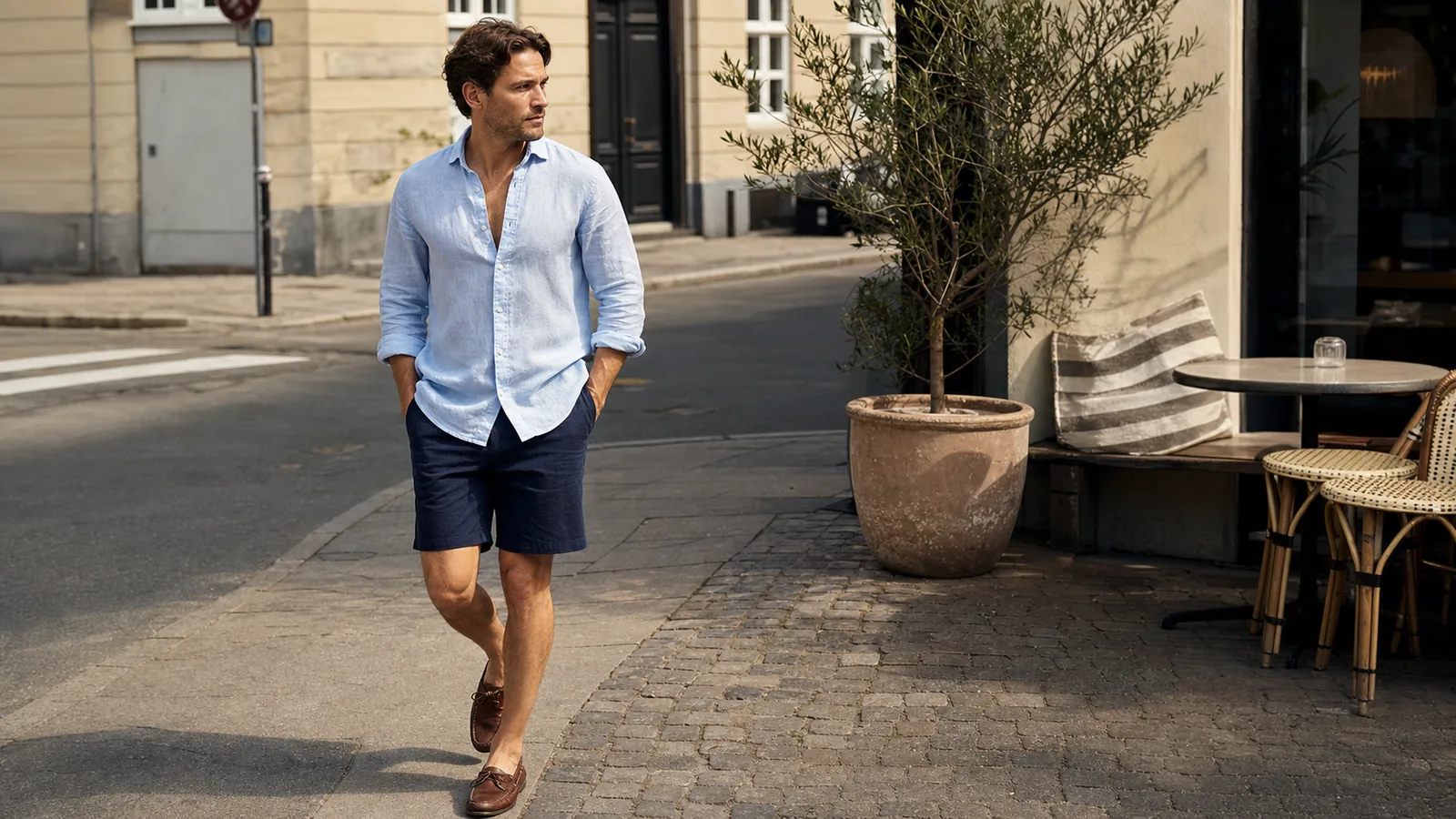 Mand i navy shorts, lyseblå skjorte og brune loafers i en sommerlig bygade