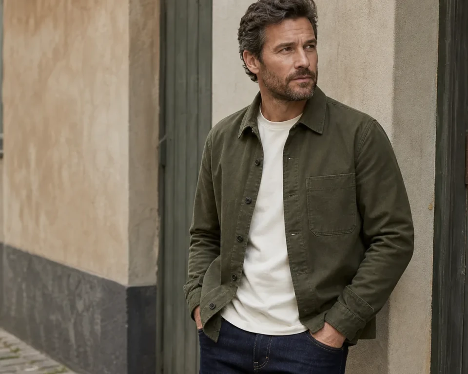Mand i olivengrøn overshirt over hvid T-shirt