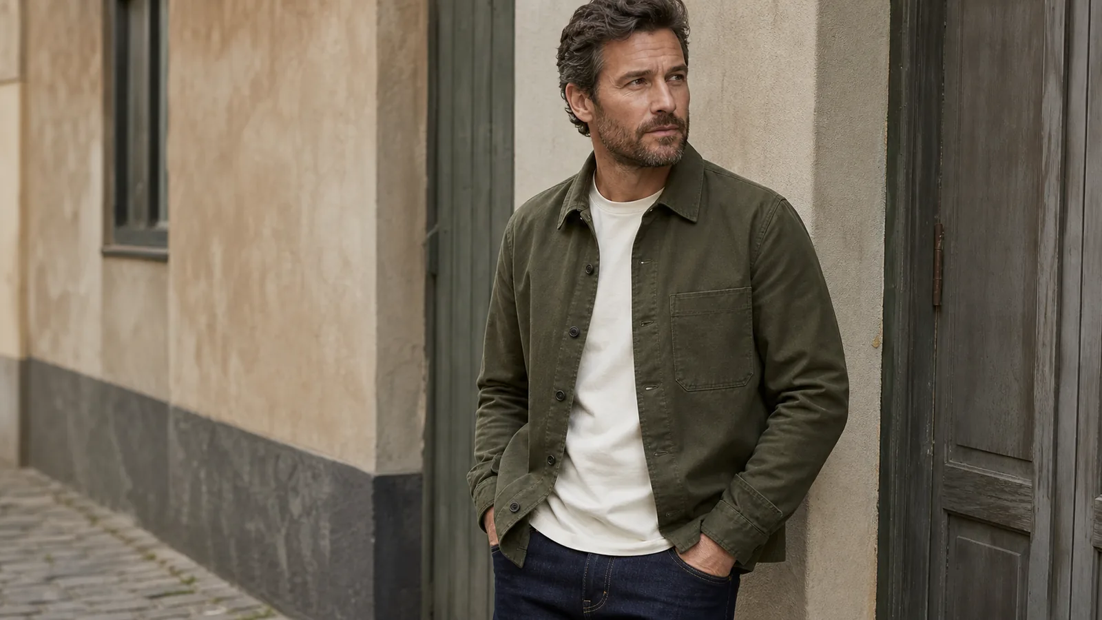 Mand i olivengrøn overshirt over hvid T-shirt