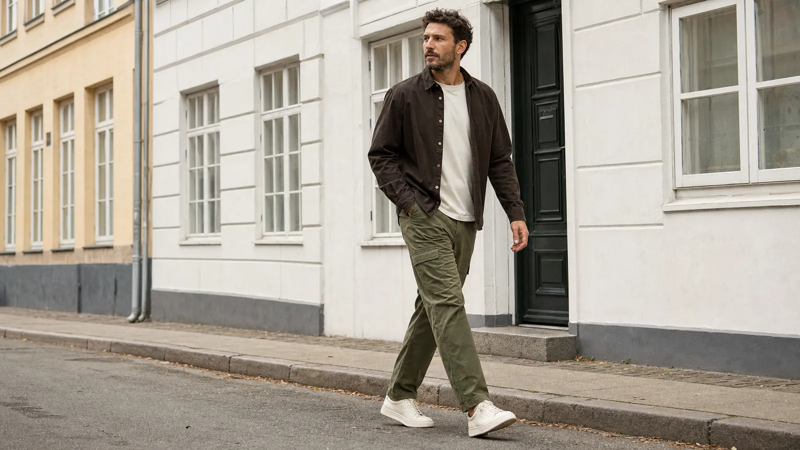 Mand i olivengrønne cargobukser på en københavnsk gade