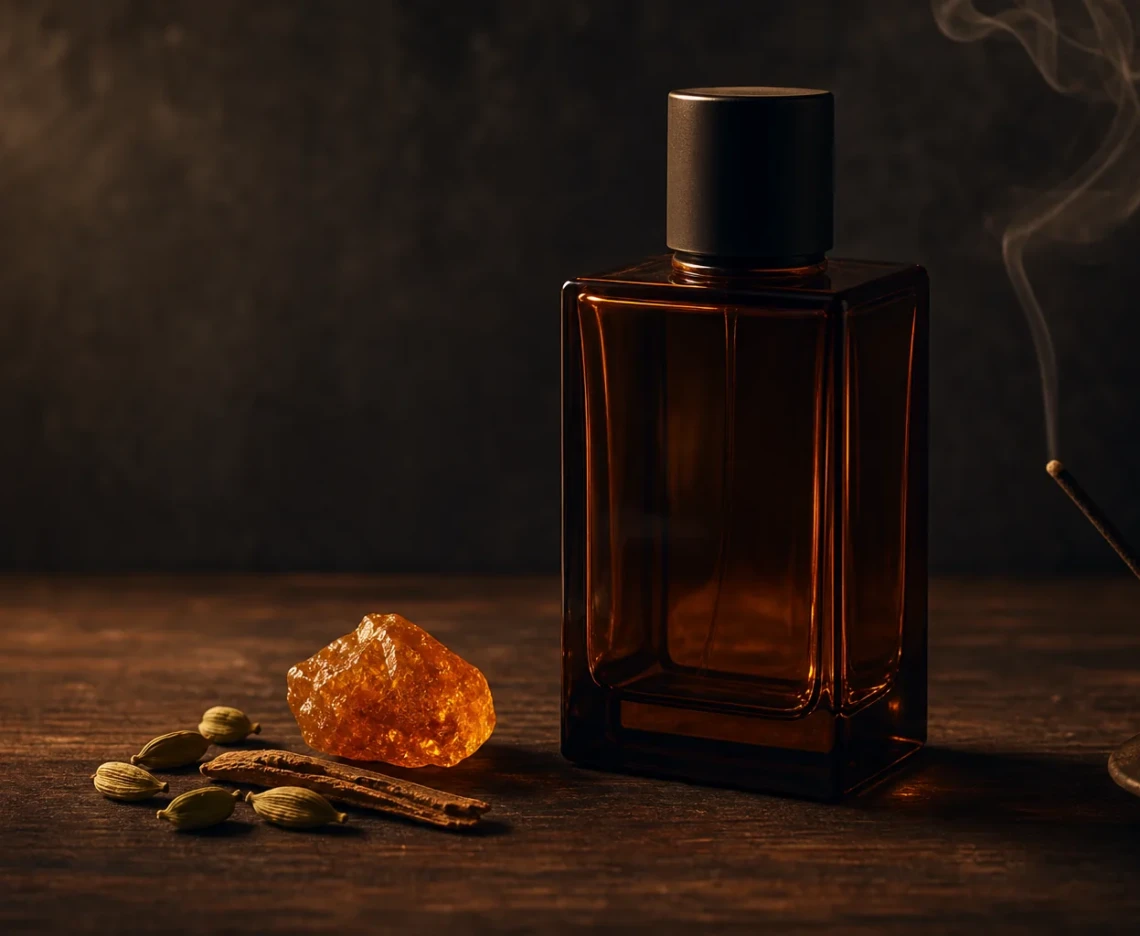Ubrandet amberfarvet parfumeflaske med kardemomme, kanel og røgelse