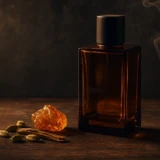 Ubrandet amberfarvet parfumeflaske med kardemomme, kanel og røgelse
