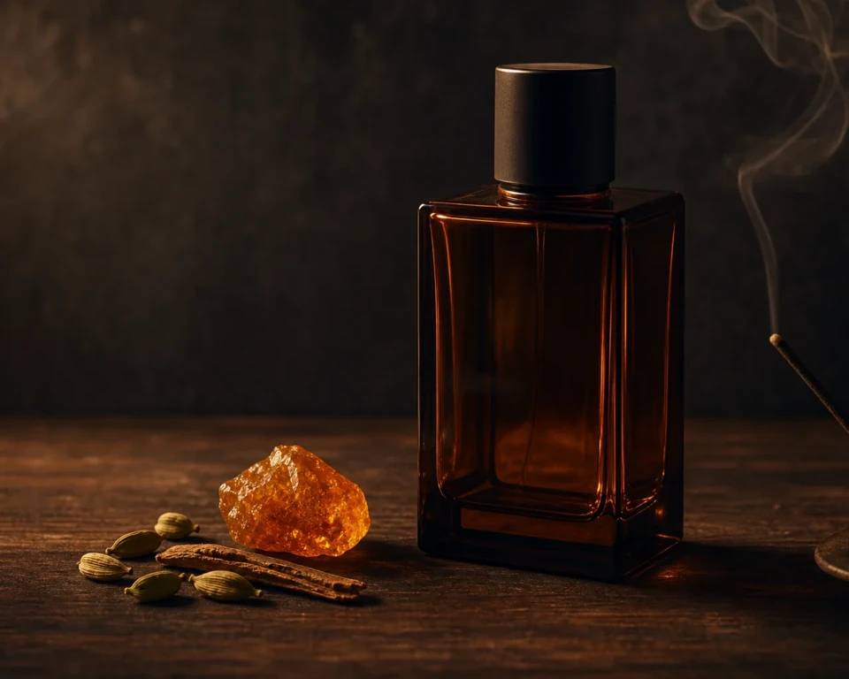 Ubrandet amberfarvet parfumeflaske med kardemomme, kanel og røgelse
