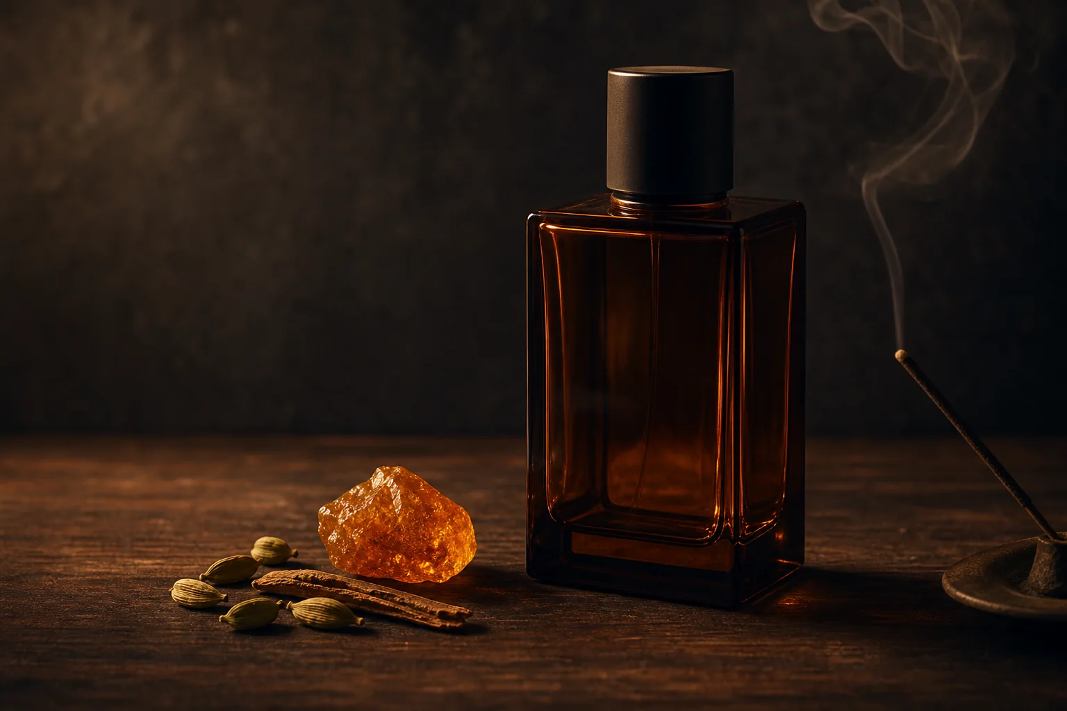 Ubrandet amberfarvet parfumeflaske med kardemomme, kanel og røgelse