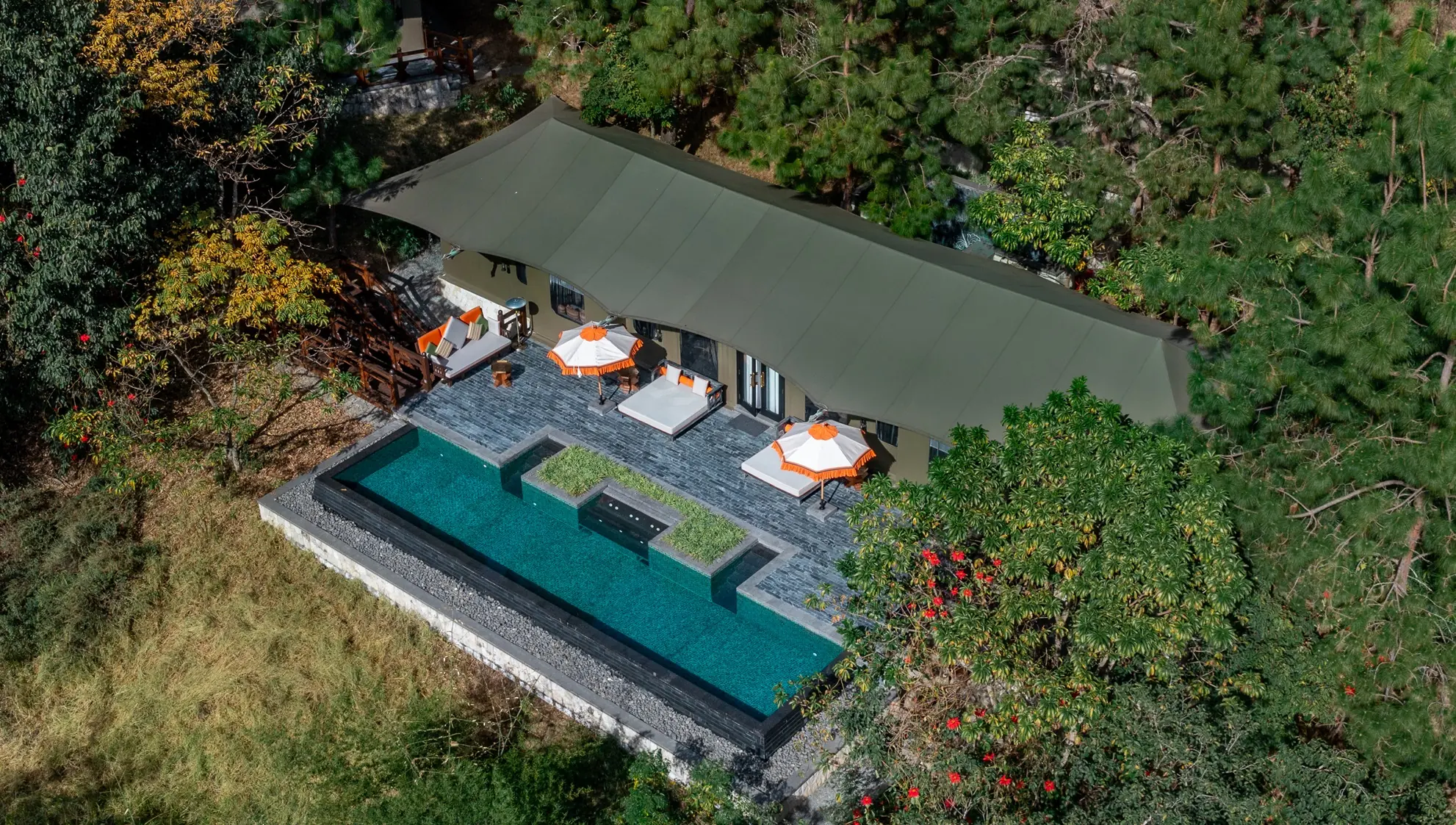Poolvilla mellem træerne hos Pemako Punakha i Bhutan