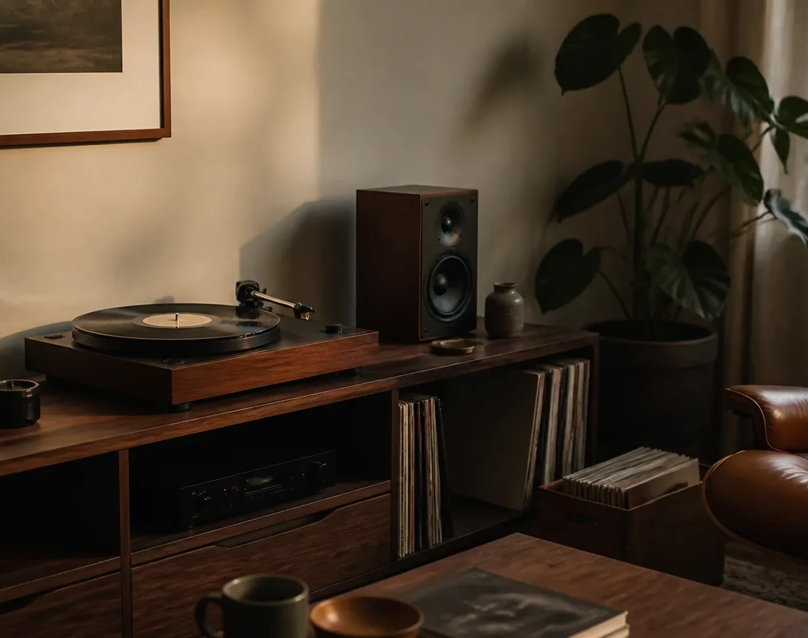 Pladespiller i et varmt stuehjørne med vinylplader og højttalere
