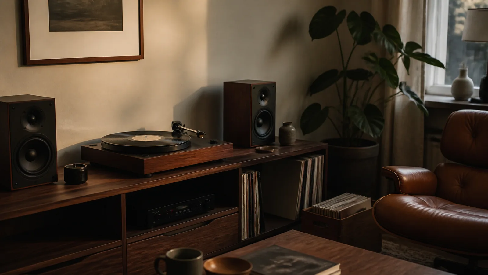 Pladespiller i et varmt stuehjørne med vinylplader og højttalere