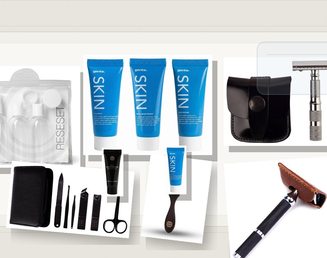 Grooming rejsesæt til mænd med travel size hudpleje, sikkerhedshøvl, etui og små redskaber