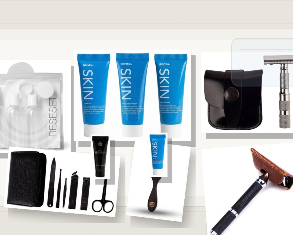 Grooming rejsesæt til mænd med travel size hudpleje, sikkerhedshøvl, etui og små redskaber