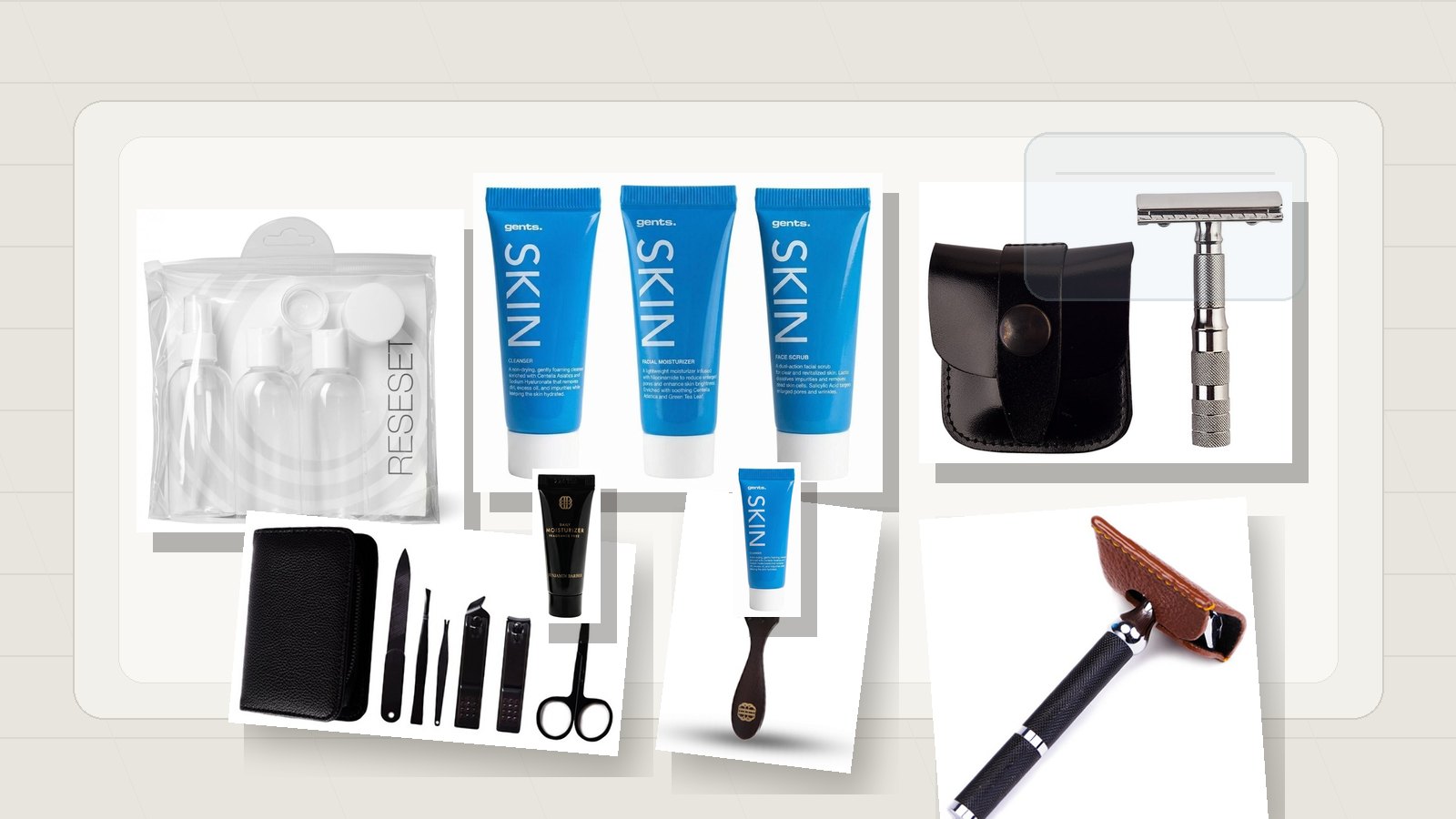 Grooming rejsesæt til mænd med travel size hudpleje, sikkerhedshøvl, etui og små redskaber