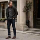 Stilfuld mand i mørke bukser og ruskinds Chelsea boots foran en klassisk byfacade