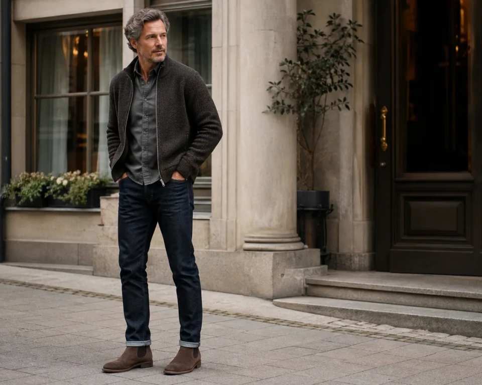 Stilfuld mand i mørke bukser og ruskinds Chelsea boots foran en klassisk byfacade
