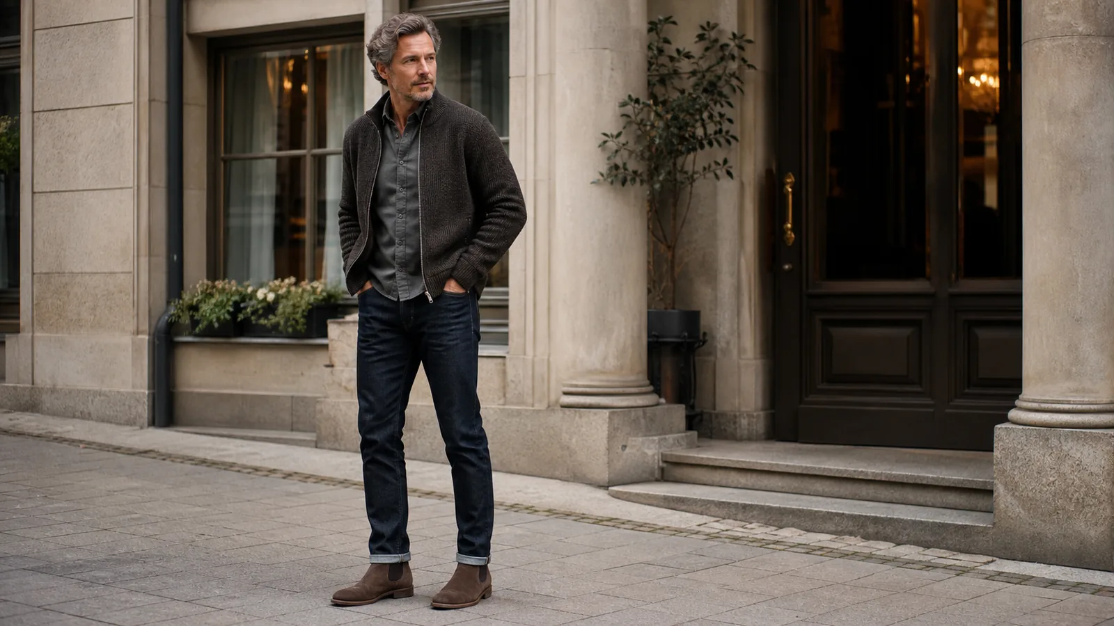 Stilfuld mand i mørke bukser og ruskinds Chelsea boots foran en klassisk byfacade