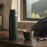 Generisk termoflaske med kaffe, jakke og bilnøgler i et køkken ved morgenlys