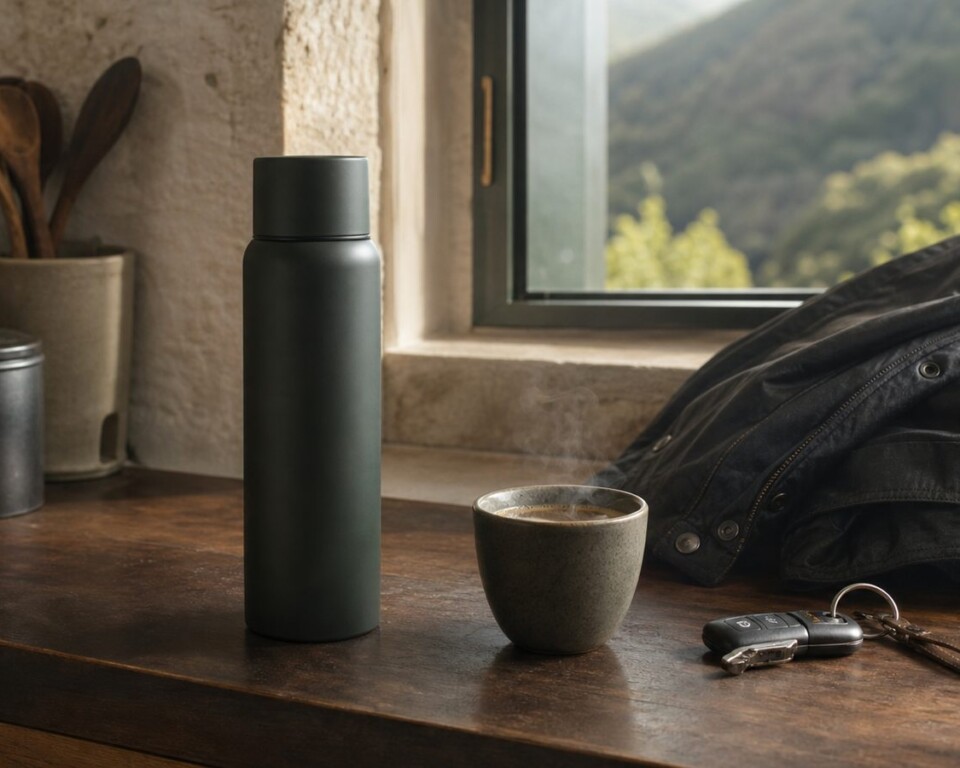 Generisk termoflaske med kaffe, jakke og bilnøgler i et køkken ved morgenlys