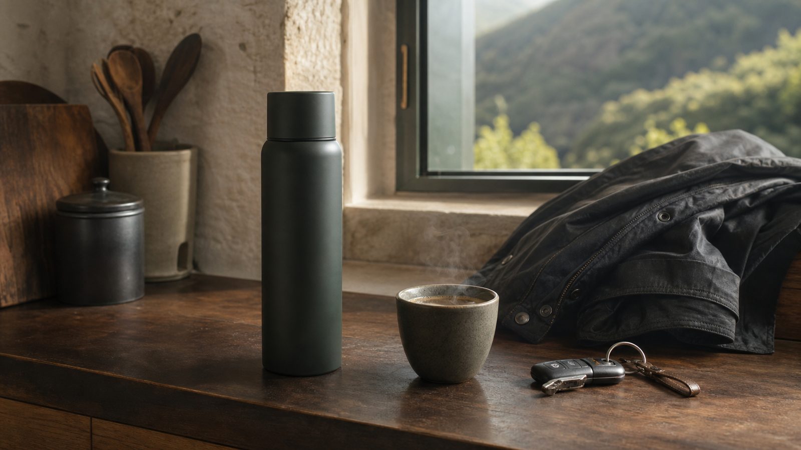 Generisk termoflaske med kaffe, jakke og bilnøgler i et køkken ved morgenlys