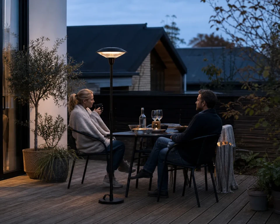 Par på en dansk terrasse en kølig sensommeraften med en diskret terrassevarmer