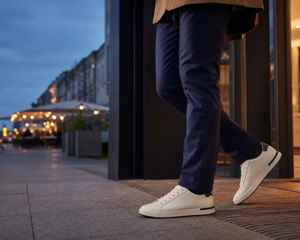 Mand i navy bukser og hvide sneakers på vej fra kontor ud i byen