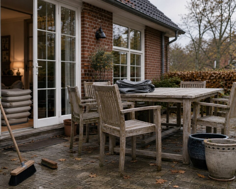 Dansk terrasse med havemøbler, tørre hynder, krukker og et foldet overtræk før vinter