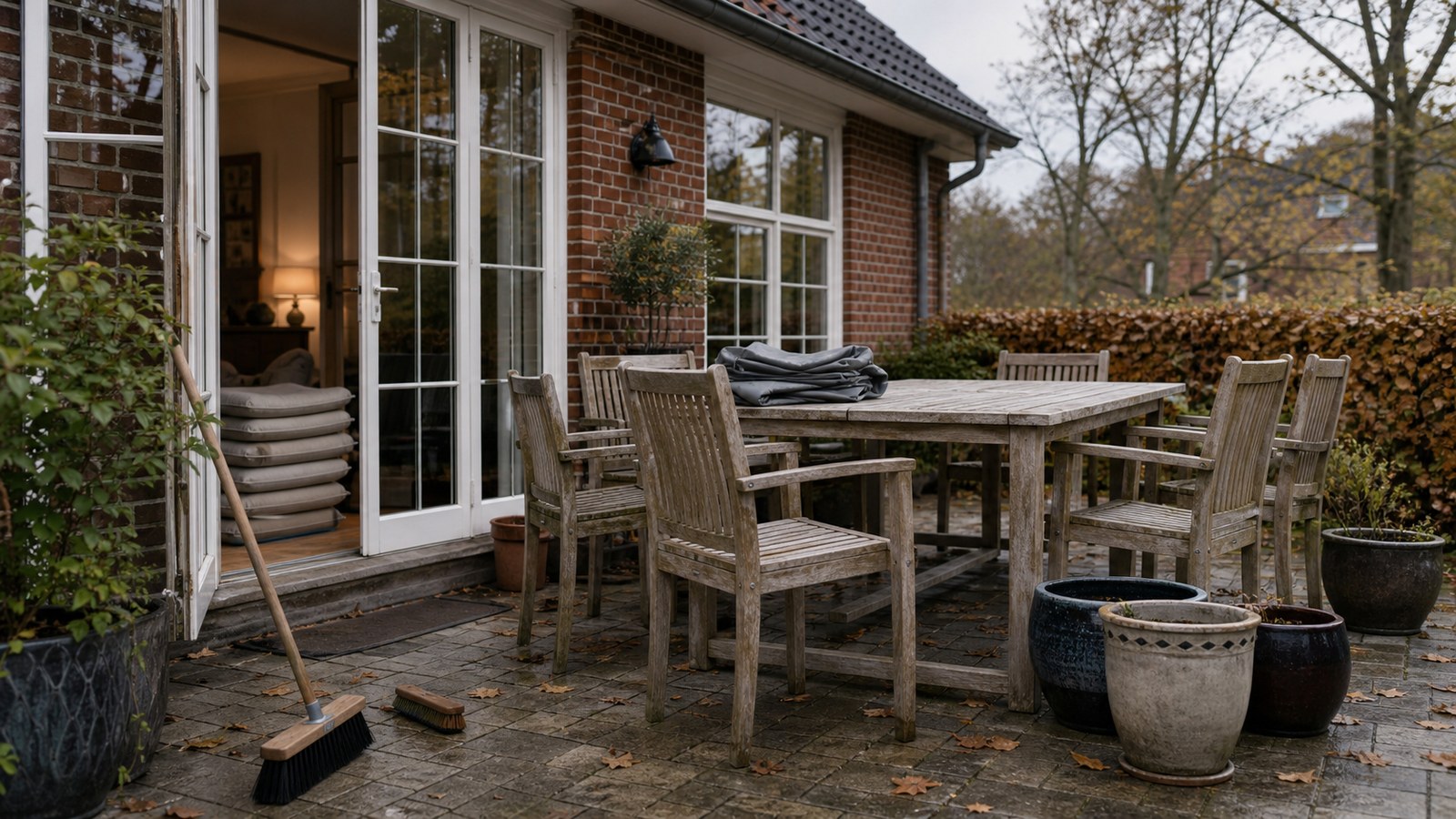 Dansk terrasse med havemøbler, tørre hynder, krukker og et foldet overtræk før vinter