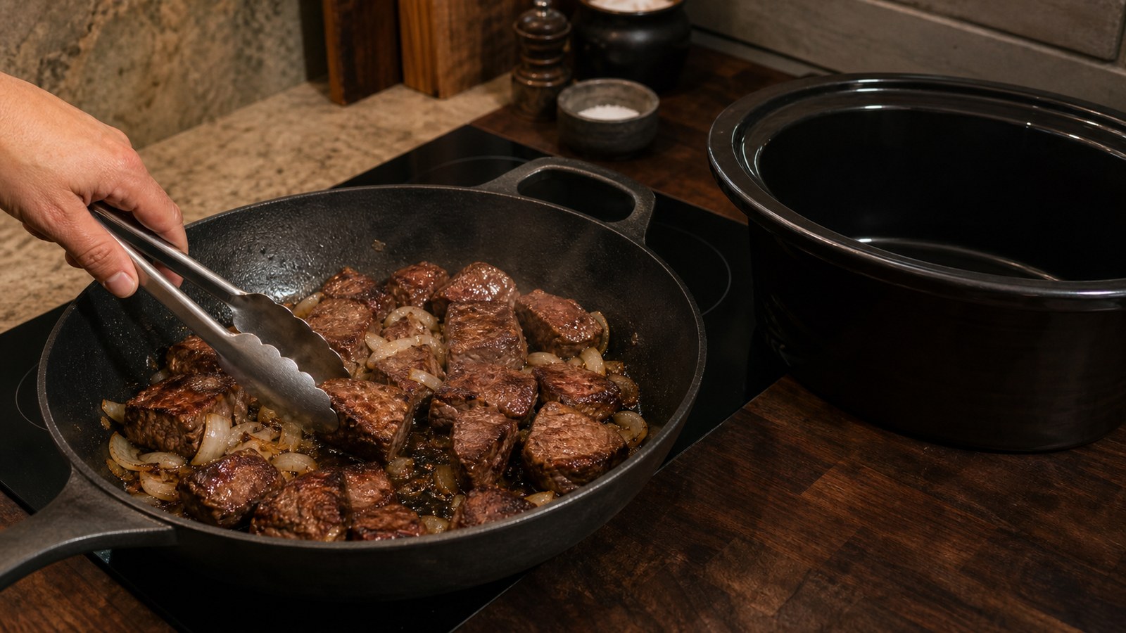 Oksekød brunes på en pande før det flyttes til en slow cooker
