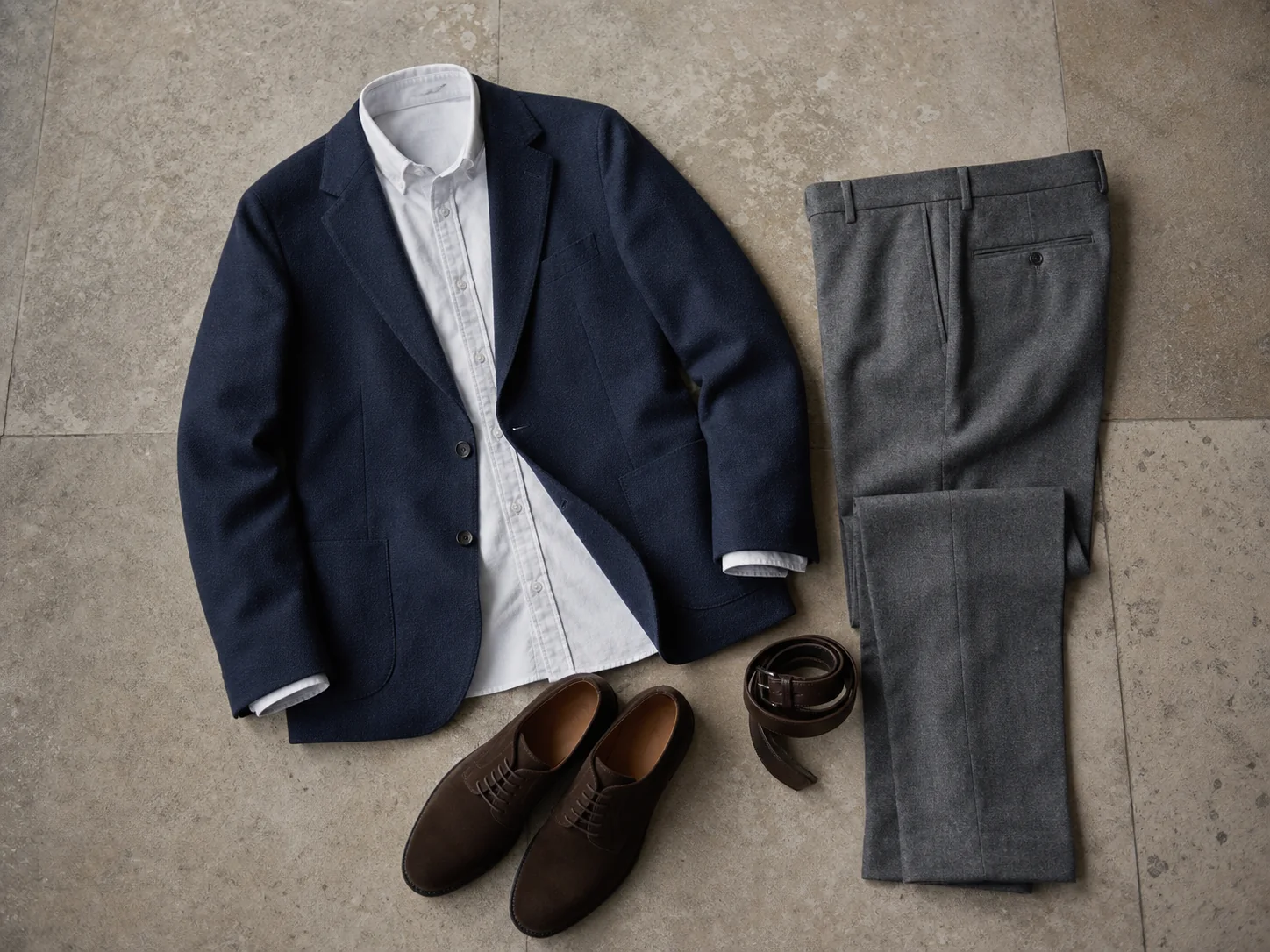 Herreoutfit i navy, mellemgrå og mørkebrun med blazer, bukser og ruskindssko