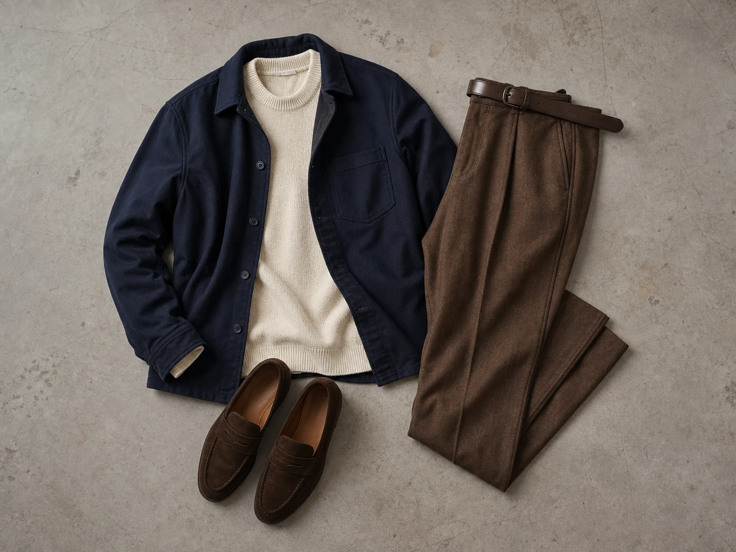 Herreoutfit i navy, ecru og brun med overshirt, strik, bukser og loafers