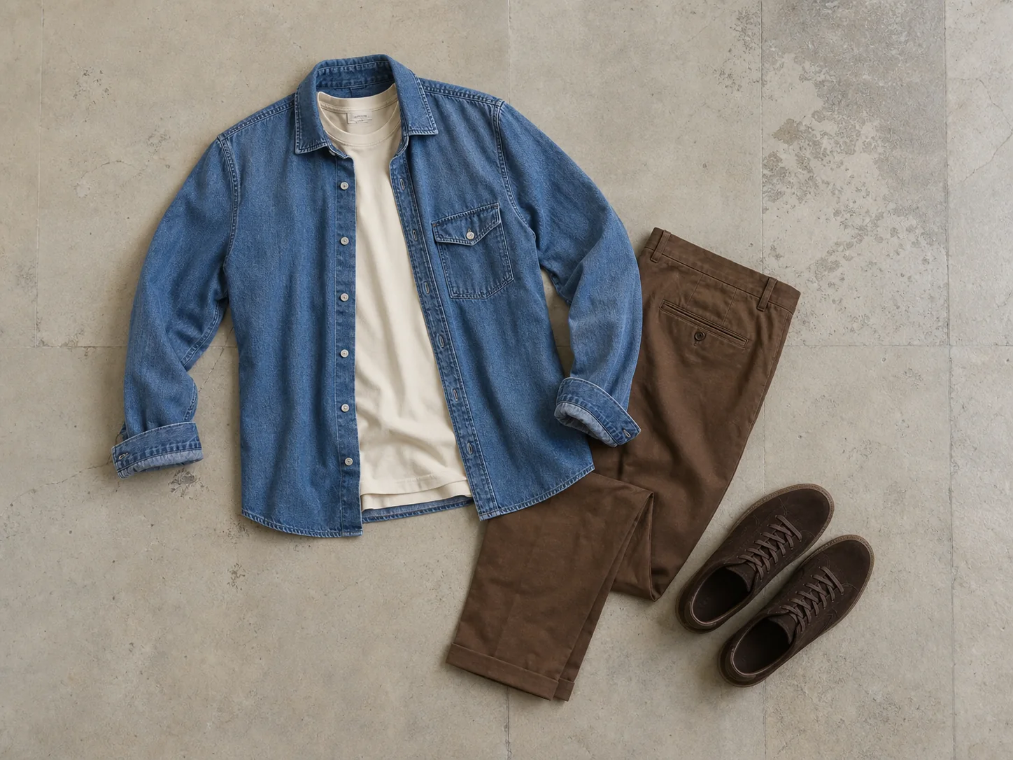 Herreoutfit i mellemblå, brun og creme med denimskjorte, chinos og ruskindssneakers