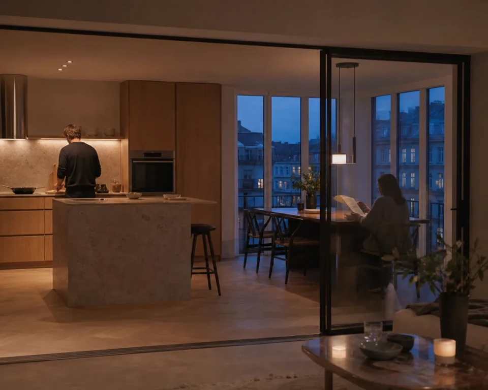 Åbent køkken med glasparti mellem madlavning, spiseplads og stue