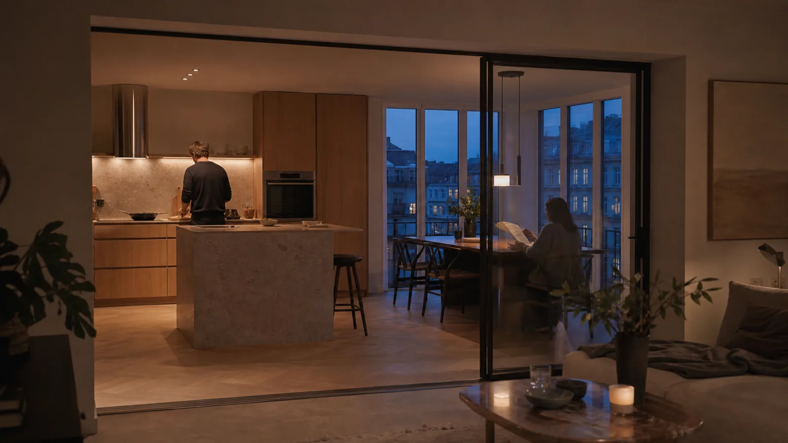 Åbent køkken med glasparti mellem madlavning, spiseplads og stue