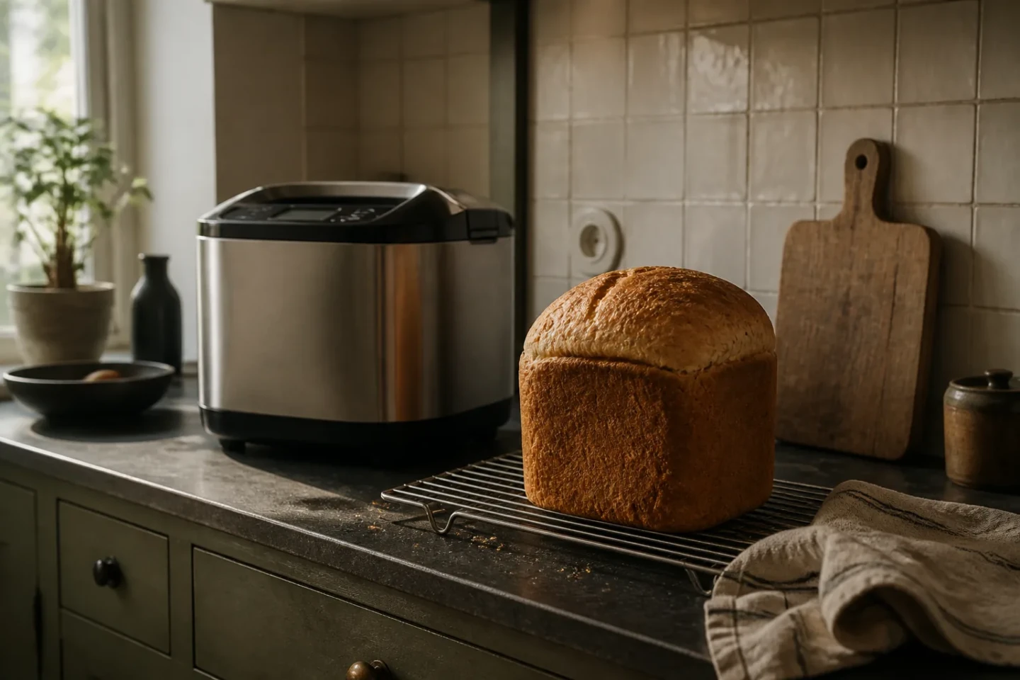 Højt nybagt brød på rist ved en bagemaskine i et varmt morgenkøkken