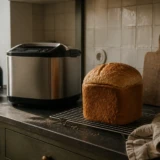Højt nybagt brød på rist ved en bagemaskine i et varmt morgenkøkken