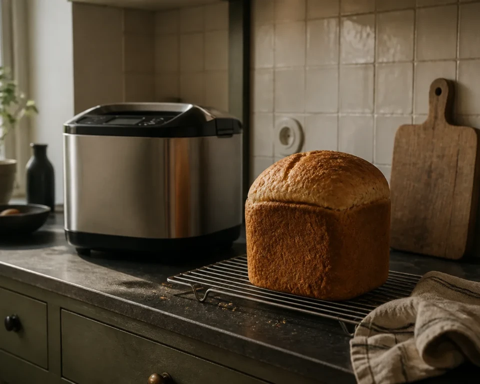 Højt nybagt brød på rist ved en bagemaskine i et varmt morgenkøkken