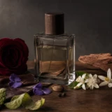 Ubrandet parfumeflaske med rose, viol, jasmin, citrus, læder og cedertræ