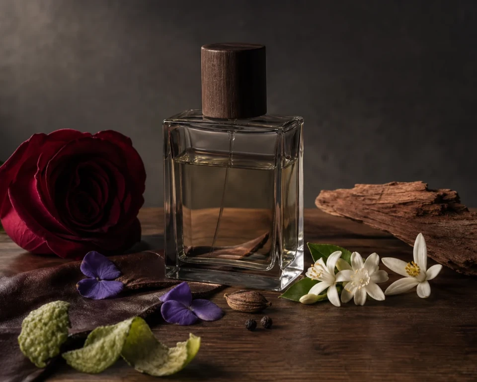 Ubrandet parfumeflaske med rose, viol, jasmin, citrus, læder og cedertræ