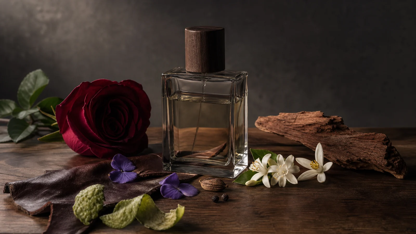 Ubrandet parfumeflaske med rose, viol, jasmin, citrus, læder og cedertræ