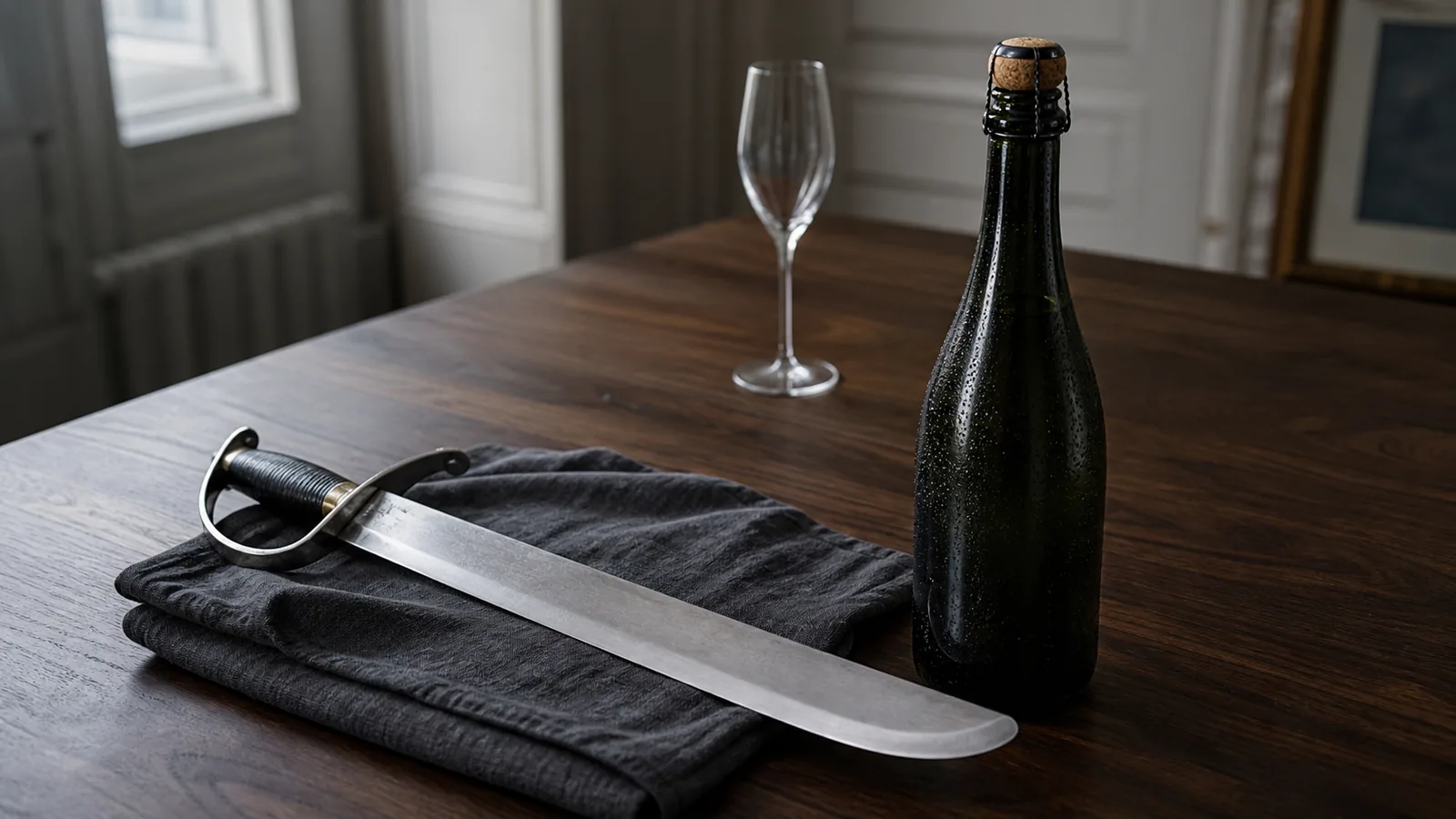 Sløv afrundet champagnesabel ved en kold uåbnet flaske på mørkt træ