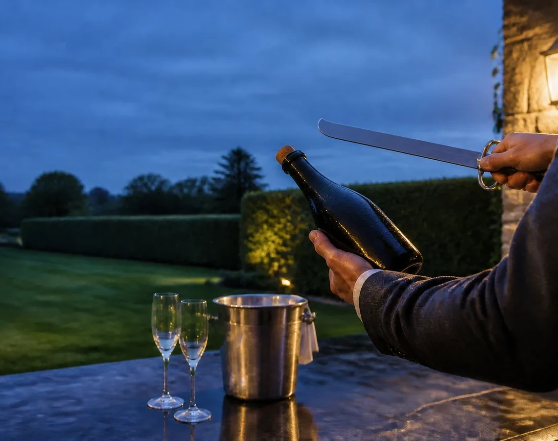 Champagneflaske og sløv sabel rettet mod en tom have ved skumring