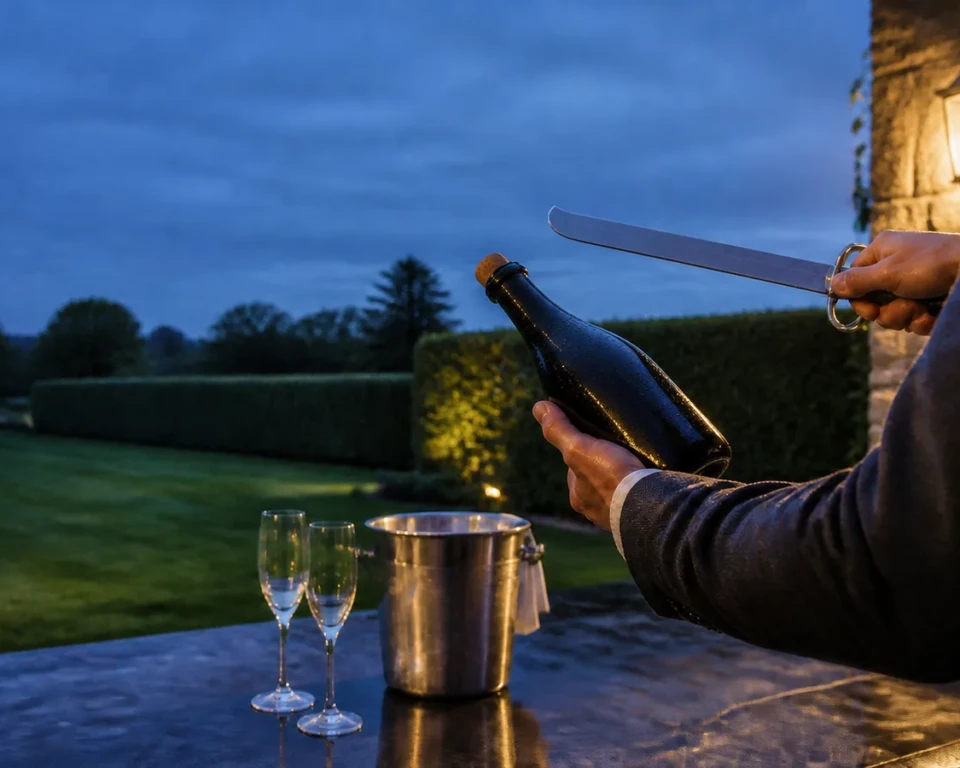 Champagneflaske og sløv sabel rettet mod en tom have ved skumring